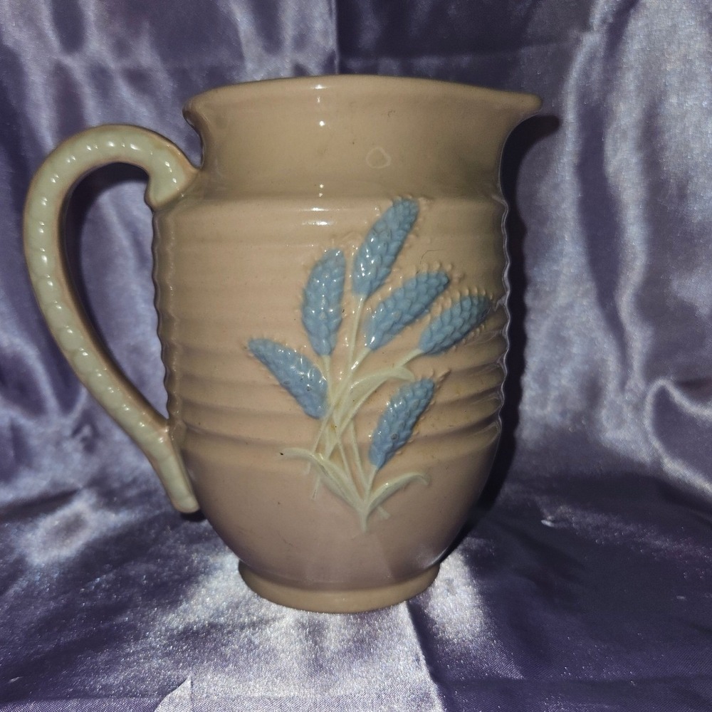 Vintage Ceramic Wheat Pitcher Embossed Blue Tan Ribbed Farmhouse Creamer